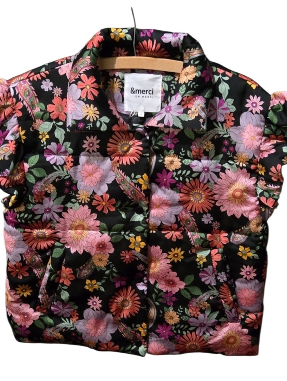 &merci En Merci Floral Puffer Vest Small Ruffle Sleeve Quilted Jacket